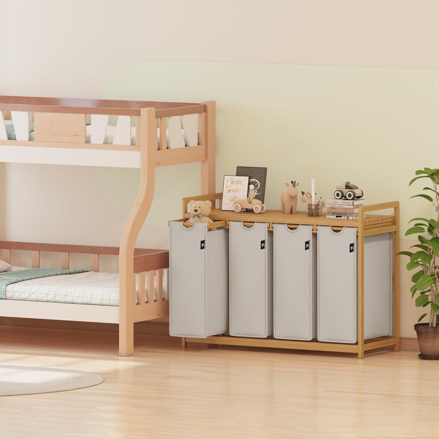 AdealDream Wasmand met bamboeframe 200L 4 vakken uittrekbare en afneembare waszak wasverzamelaar laundry baskets bamboe lichtgrijs-06-19