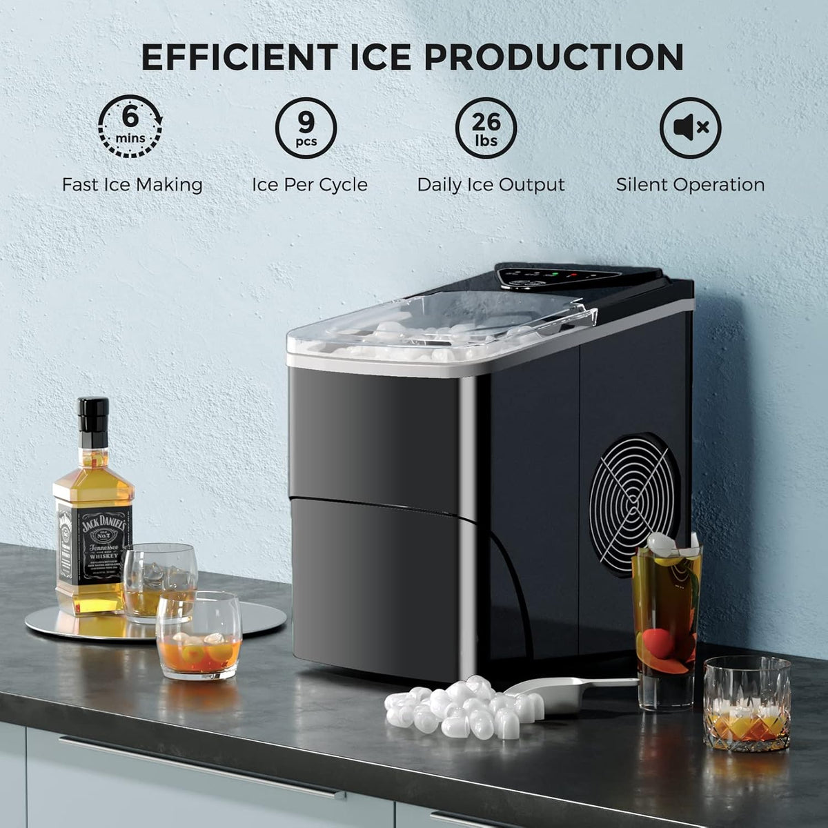 IJsblokjesmachine – IJsmaker – Ijsklontjesmachine – IJsblokjesmaker – IJsblokjesgenerator – Supersnel 9 IJsblokjes in 6 Minuten – Zelfreinigende Functie