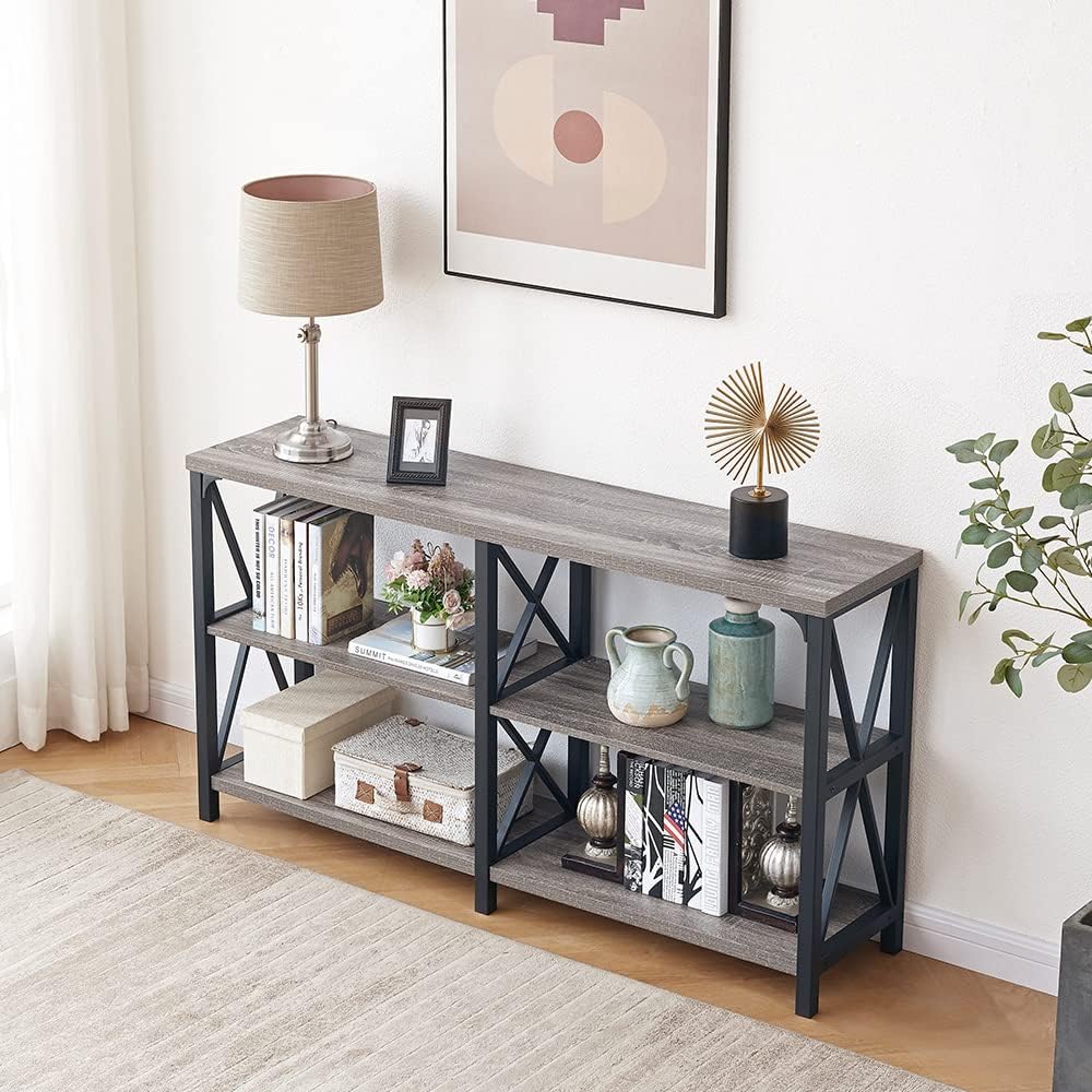 LVB Rustieke banktafel, boerderij consoletafel voor woonkamer, hal entryway tafel met opslag, entree tafel voor foyer, 55 inch grijs eiken
