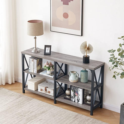 LVB Rustieke banktafel, boerderij consoletafel voor woonkamer, hal entryway tafel met opslag, entree tafel voor foyer, 55 inch grijs eiken