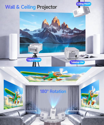 Alwtniet Draagbare beamer, 4K, 8K, Native Full HD, 1080P, mini-projector, Android 14, WiFi 6, Bluetooth 5.4, autofocus, 6D, autofocus, 180°-rotatie, voor thuisbioscoop, smart-tv, zeer korte opname