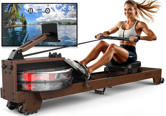 Roeitrainer – Roeimachine – Waterroeier – Houten Roeitoestel – Fitnessapparaat – Massief Hout – Bluetooth Monitor – Opvouwbaar – Geschikt voor 1,20-2m – Max. 175 kg belastbaar - QUORE