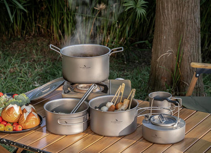 iBasingo Camping Kookpot Set 1.2L & 1.8L & 2.4L Outdoor Titanium Kookgerei Saus Pot Solo Hot Pot Lichtgewicht Draagbare Reizen Steelpan Koken Kit Backpacken Apparatuur Ti2109C