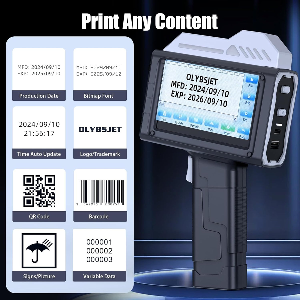 Handbediende inkjetprinter – Handprinter, draagbare inkjetprinter, codeprinter, inkjetcoderingsmachine – 25,4 mm afdrukhoogte met 4,3 inch HD touchscreen – 300 DPI en sneldrogende inkt met sterke hechting