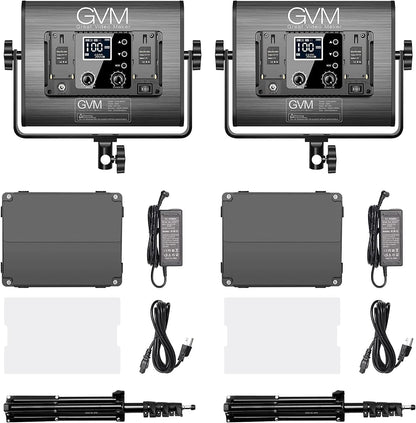 GVM Led-videolamp met statief, verpakking van 2 stuks, 680RS 50W RGB fotolicht, studiolichtpaneel met app-bediening, 3200K-5600K 8500Lux/0,5 m videolamp voor films, foto, studio, YouTube Streaming