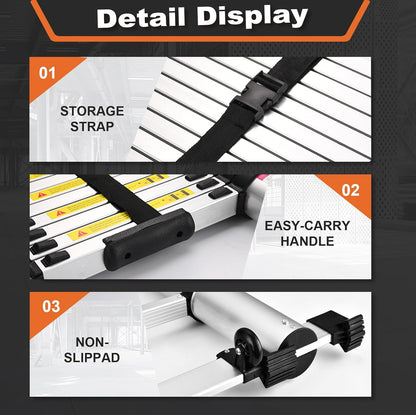 HBTower Telescopische ladder, aluminium, met haken, lichte uittrekbare ladder, uitschuifbare ladder, inklapbare ladder voor zolders, caravans, 150 kg draagvermogen, zilver