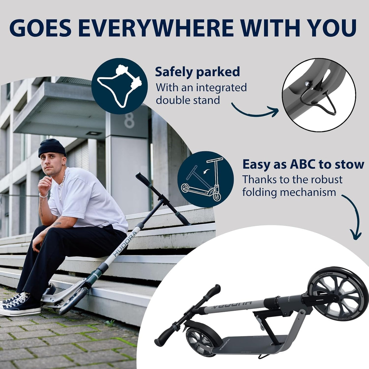 HUDORA BigWheel 230 Advanced Scooter, stabiele aluminium step voor maximaal 120 kg, stille en inklapbare citystep met standaard en bel, kickstep voor kinderen, jongeren en volwassenen