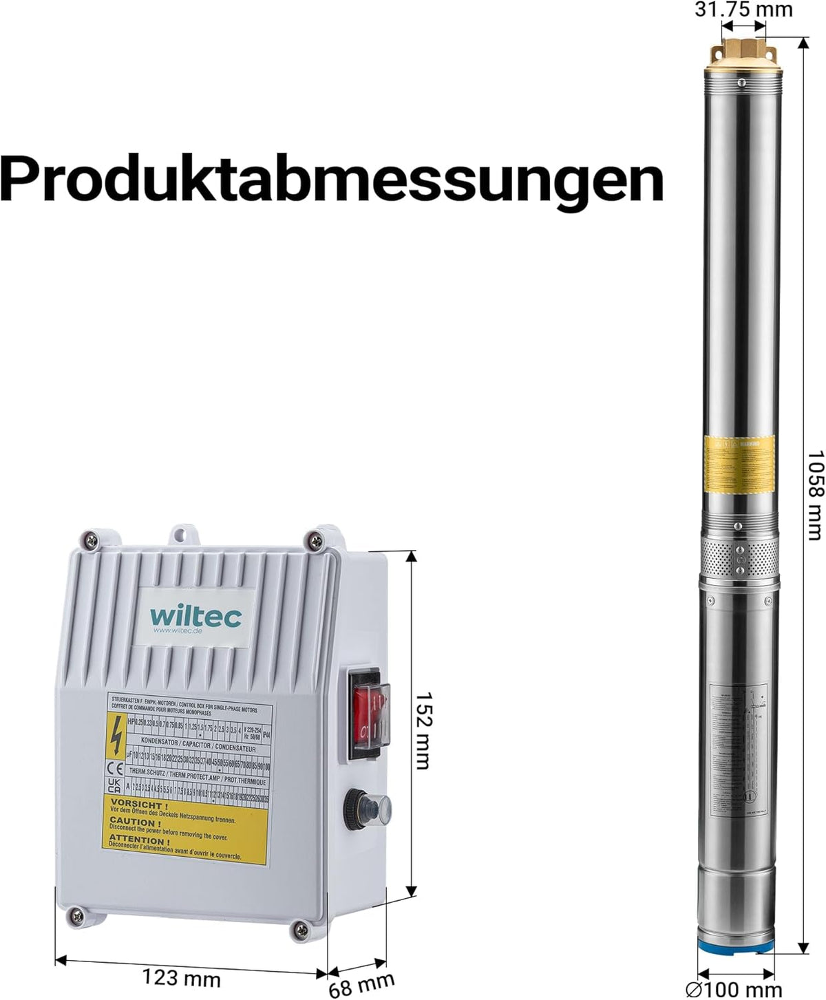 Wiltec 4" diepwateromp 1100 W, waterpomp met een debiet van 6000 l/u, dompelpomp met een dompeldiepte van max. 20 m en een opvoerhoogte van max. 103 m