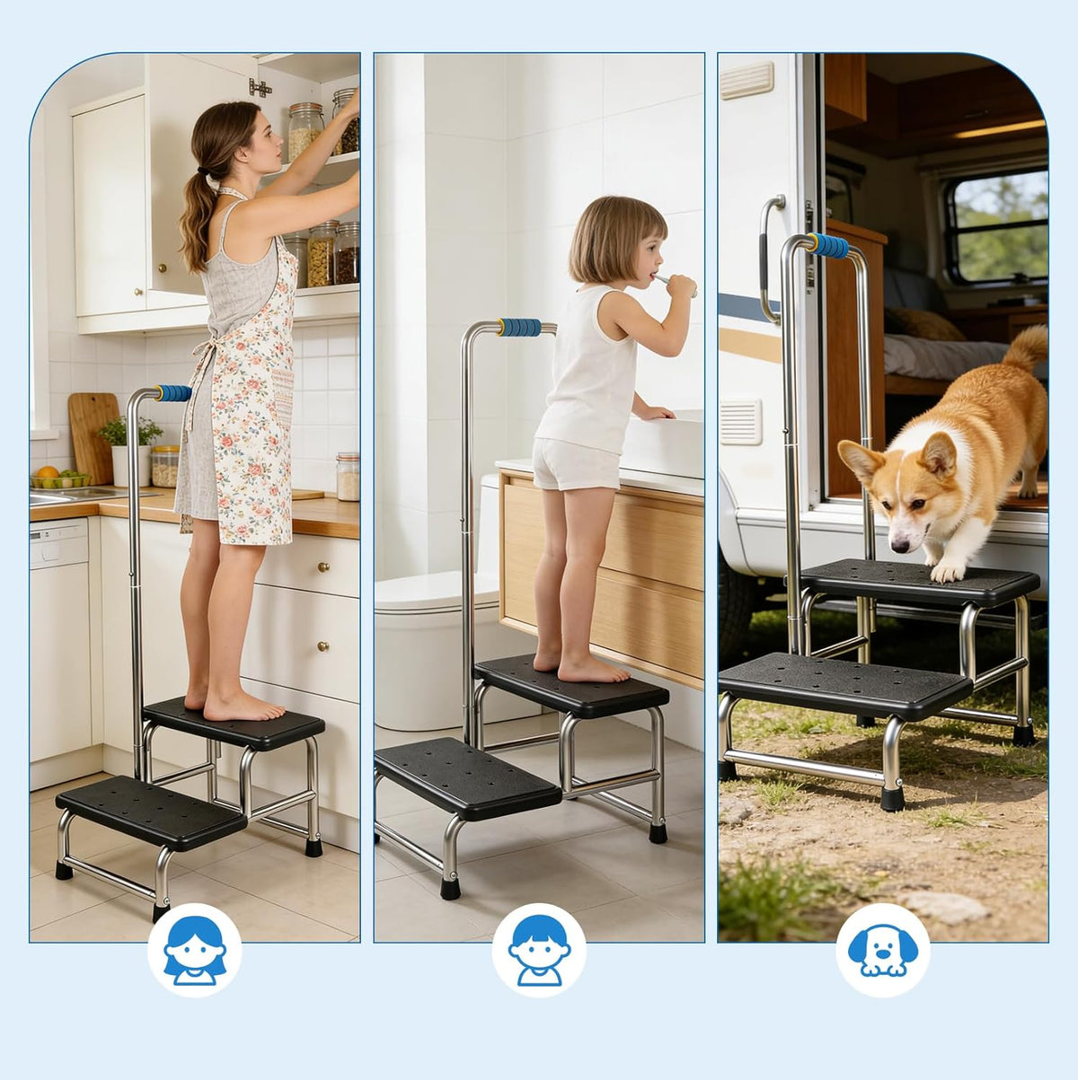 Opstapkruk met handgreep, treeplank voor campers met antislip platform en rubberen voetjes, voor senioren/huisdieren, voor badkamer/keuken/camper