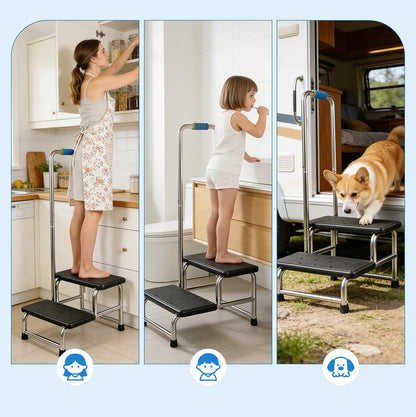Opstapkruk met handgreep, treeplank voor campers met antislip platform en rubberen voetjes, voor senioren/huisdieren, voor badkamer/keuken/camper
