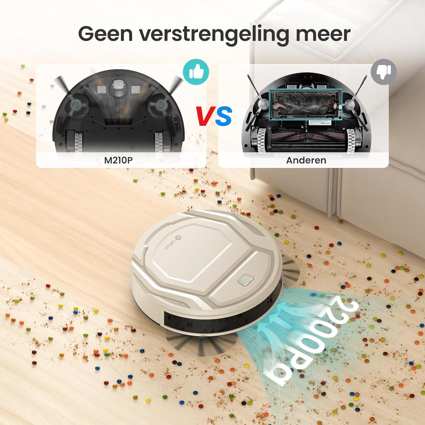 Lefant Dunne robotstofzuiger, 2200 Pa, stil, 55 dB, verbonden met wifi/Bluetooth/Alexa/app, 120 minuten batterijduur, zelfopladen, ideaal voor dierenharen op harde vloeren, M210P champagne