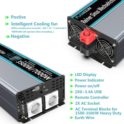 FLAMEZUM 3500 W zuivere sinus omvormer 12 V naar 230 V spanningsomvormer power omvormer converter met afstandsbediening led-display & 2 EU AC-stopcontacten & 2 USB-poorten voor auto, caravan, boot, camping