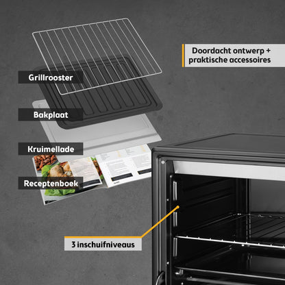 TZS First Austria - Minibakoven 35L 1600W - Mini Bakoven Pizzaoven traploze temperatuurregeling tot 230°C & antiaanbaklaag - Minioven 60 min. timer, 3 inschuifhoogtes, bakplaat & grillrooster