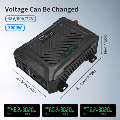 DATOUBOSS Universele spanningsomvormer 48 V/60 V/72 V naar 230 V 3000 W, zuivere sinus 6000 W piekvermogen, met instelbare ingangsspanning, lcd-display, 2 EU stopcontact