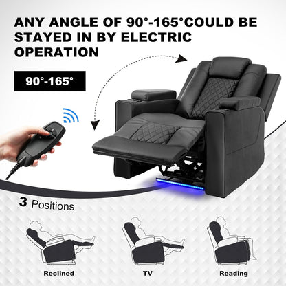 Elektrische Relaxfauteuil – Verstelbare Relaxstoel – Tv Stoel – Massagefauteuil – Zwarte Kunstleren Fauteuil – Traploos Verstelbare Rugleuning – Ingebouwde LED-Verlichting