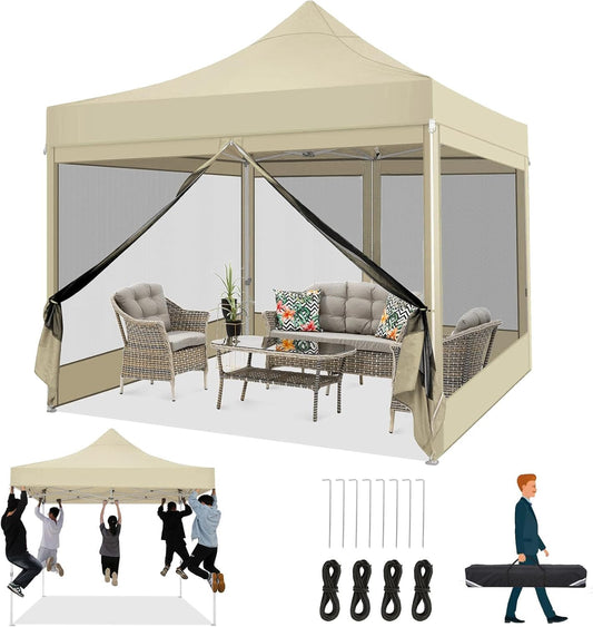 COBIZI Heavy Duty pop-up luifeltent met 4 zijwanden, commercieel tuinhuisje, feesttent met klamboe, muur, eenvoudige installatie, outdoor instantschermtent voor achtertuin, terras, tuin, kaki