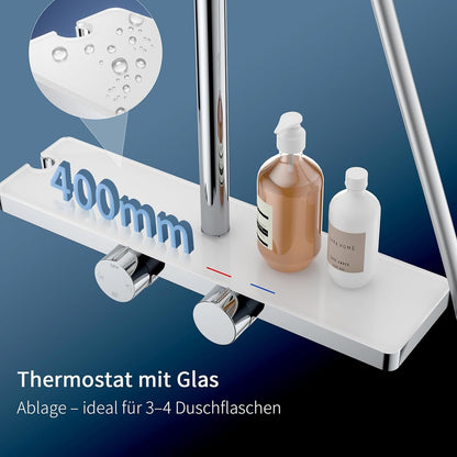 Thermostaat Douchesysteem – Regendouche – Handdouche – Watervalletuit – Douchepaneel – Glasplank 40x10 cm – Veilig 38°C Temperatuurstop – 12 inch 360° Draaibare Regendouchekop