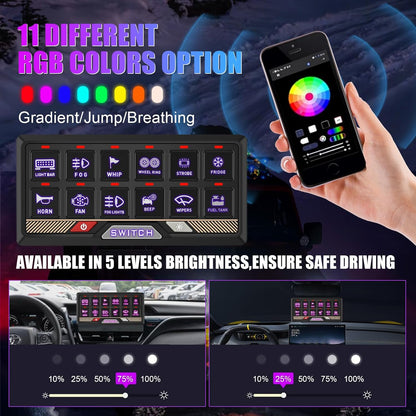 Chelhead RGB 12-gang Bluetooth afstandsbediening schakelpaneel, batterijbediening, kortstondige pulsschakelaar voor led-lichtbalkbediening, waterdichte app