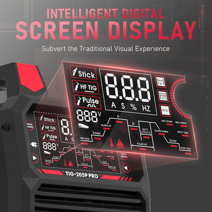 YESWELDER TIG Lasser met Puls 200Amp Groot LED Display, STICK/DC TIG/PULSE TIG 3 in 1 Lasser, HF-boogontsteking, Boogkracht, Hete start, Anti-vastplakken