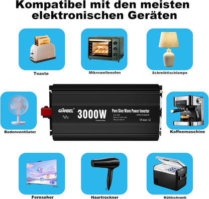 GIANDEL 3000 W omvormer, 12 V naar 230 V, zuivere sinus, spanningsomvormer, compatibel met LifePO4 Power Inverter met afstandsbediening en USB-aansluitingen, voor camper, vrachtwagen, caravan, camping