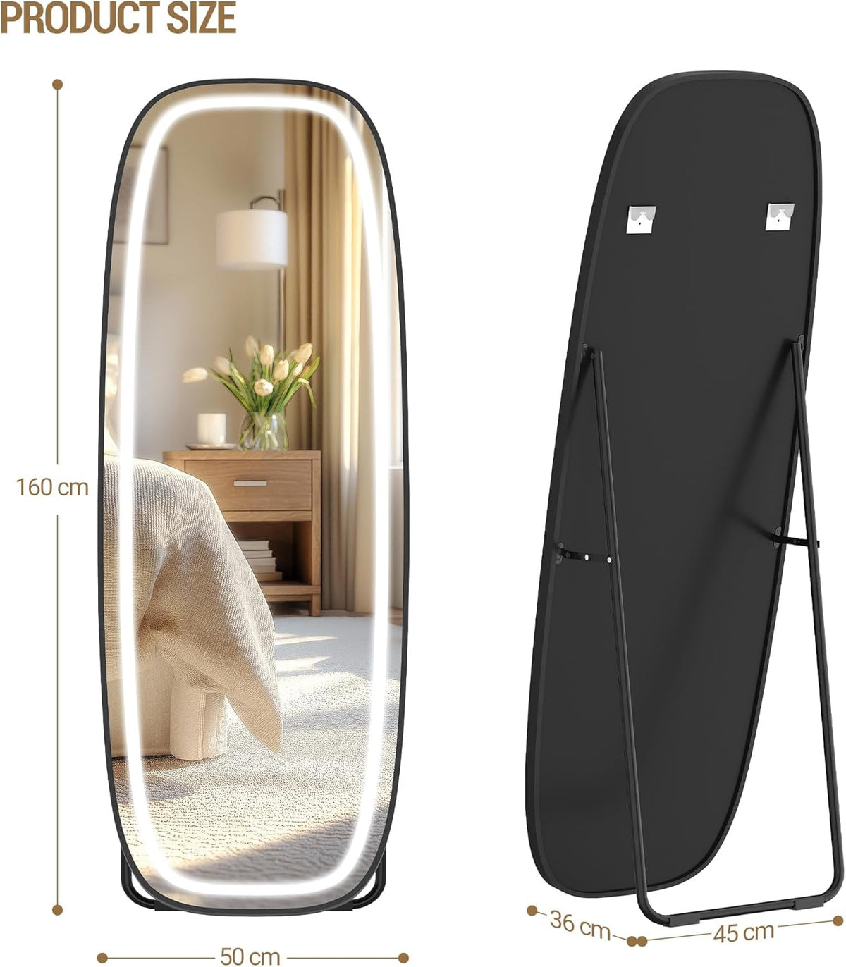Hzuaneri DM41801B Full Body Mirror with Lighting, 160 x 50 cm, Curved Standing Mirror, Wall Mirror, 3 Light Colours, Adjustable Brightness, for Bedroom and Living Room, Black