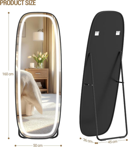 Hzuaneri DM41801B Full Body Mirror with Lighting, 160 x 50 cm, Curved Standing Mirror, Wall Mirror, 3 Light Colours, Adjustable Brightness, for Bedroom and Living Room, Black