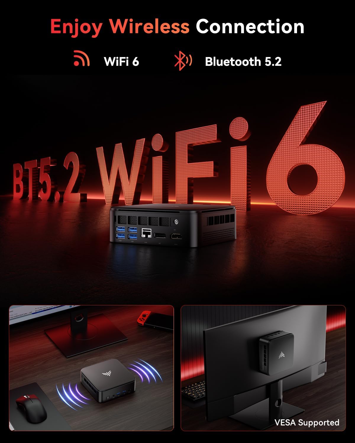 NiPoGi E3B Mini PC met AΜD Ryzen 5 7430U (max. 4,3 GHz, 6 cores/12 threads, beter dan 5500U/5675U), 32GB (16GB*2) Dual-channel RAM/1 TB SSD, Mini Desktop Computer met WiFi 6/BT5.2/Triple 4K/VESA