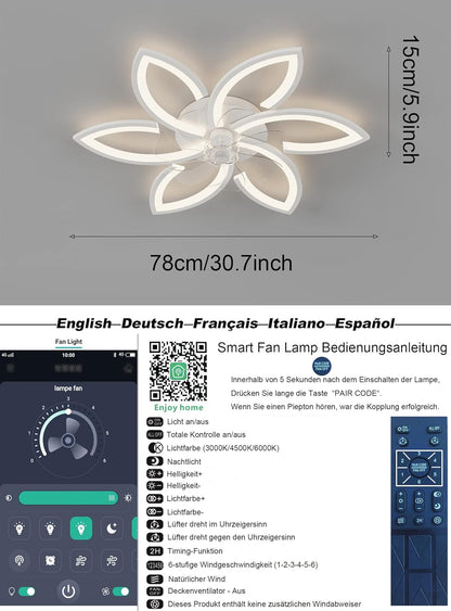 Stille plafondventilator met licht, plafondventilator met afstandsbediening en verlichting APP dimbare helderheid 70W creatieve acryl bloem vorm plafondlamp met ventilator (Goud)
