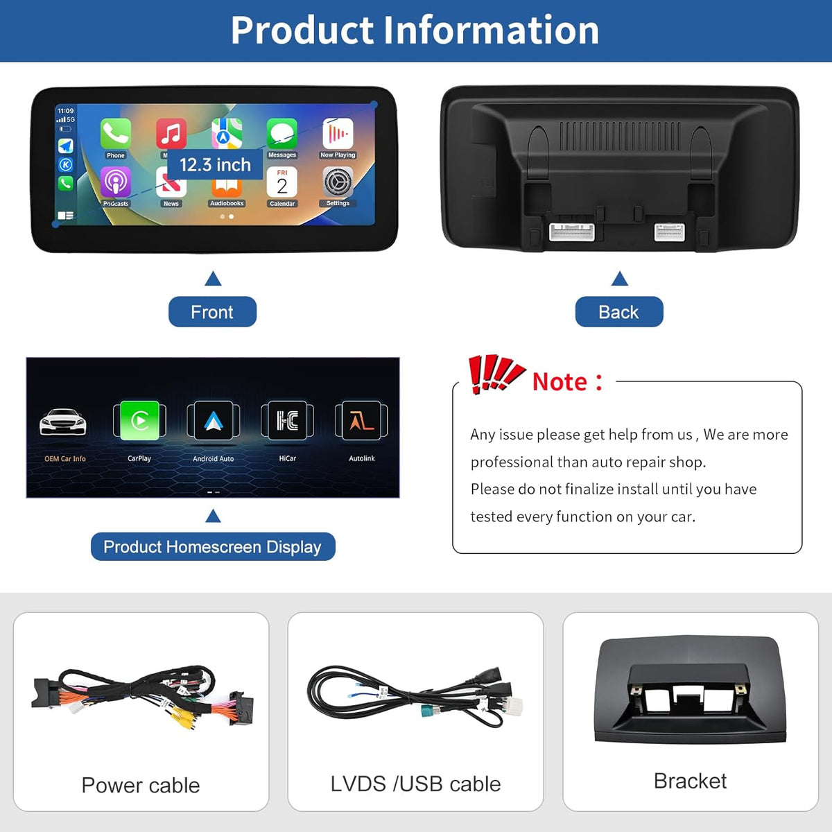 12,3 Inch Auto Touchscreen – Multimedia Scherm – Navigatiesysteem – Infotainmentscherm – Draadloos Display – Draadloze CarPlay & Android Auto – Compatibel Met Mercedes Benz C Klasse W204 – Hoge Resolutie 1920x720 Pixels