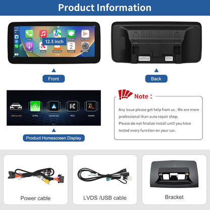 12,3 Inch Auto Touchscreen – Multimedia Scherm – Navigatiesysteem – Infotainmentscherm – Draadloos Display – Draadloze CarPlay & Android Auto – Compatibel Met Mercedes Benz C Klasse W204 – Hoge Resolutie 1920x720 Pixels