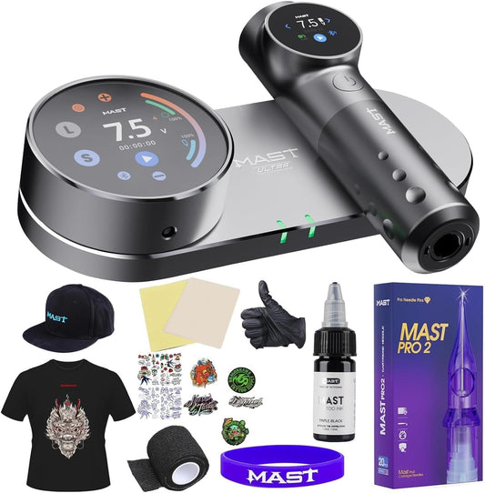 Mast Tattoo Kit Archer Ultra Cordless Tattoo Gun Machine 4.5mm Stroke, Smart Control, 2300mAh Battery, Ultra-Quiet Mcore Motor, 20pcs Cartridge Needle Tattoo Pen for Artists