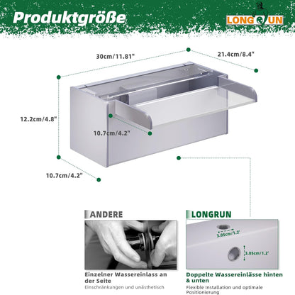 LONGRUN 30 cm vijver waterval, acryl zwembadwaterval met waterpomp, 7 kleuren Bluetooth LED tuinfontein