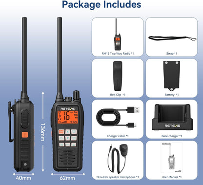 Retevis RM15 VHF Maritieme Radio, IP68 Waterdichte Walkietalkie met Microfoon, 2000 mAh, Tweekleurig Scherm, Internationale Maritieme Kanalen, voor Vissersboten (1 Verpakking)