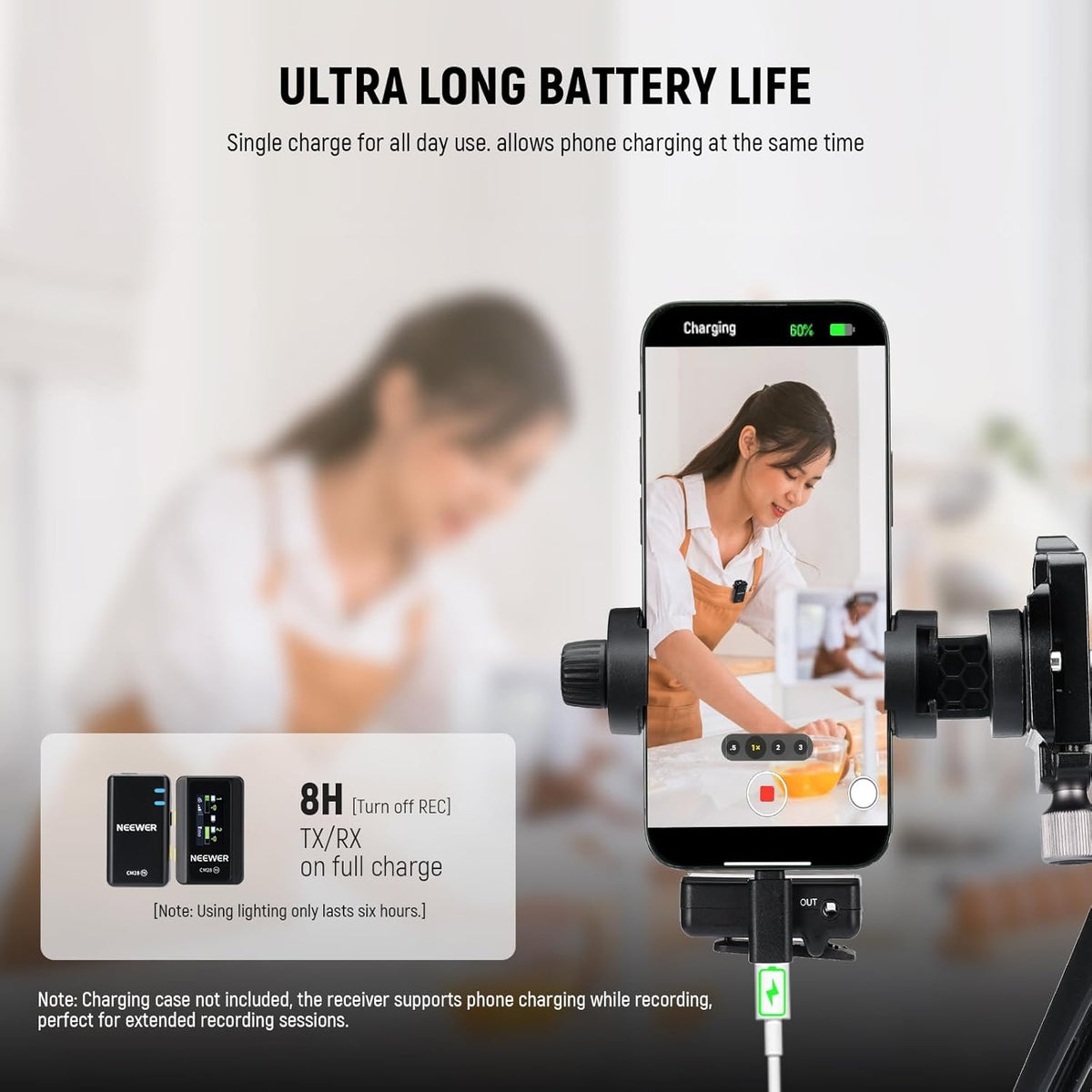 NEEWER CM28 Draadloos lavaliermicrofoonsysteem, 1 klik ruisonderdrukking, 4 GB geheugen voor 9 uur 48 kHz 16 bit niet-gecomprimeerde audio, microfoon compatibel met iPhone/Android/PC/camera/iPad