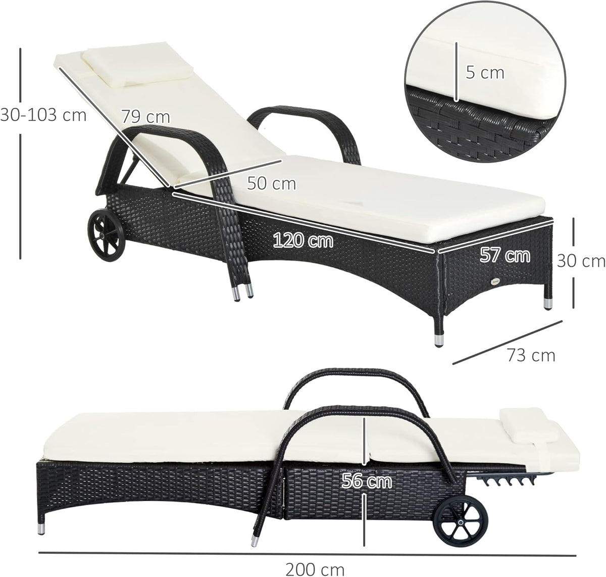 Outsunny Garden Lounger, Sun Lounger, Rattan Lounger with Tilting Backrest, Garden Furniture, Mobile with Cushion, Poly Rattan + Metal, Black, 200 x 73 x 30-103 cm - QUORE