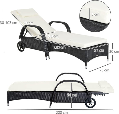 Outsunny Garden Lounger, Sun Lounger, Rattan Lounger with Tilting Backrest, Garden Furniture, Mobile with Cushion, Poly Rattan + Metal, Black, 200 x 73 x 30-103 cm - QUORE