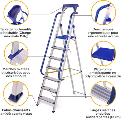Ladder, beveiligd 7 treden, robuust aluminium, leuning, afneembare gereedschapsbak, platformhoogte 158 cm, draagkracht 150 kg, Hostrom
