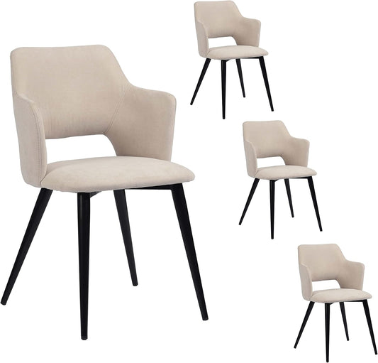 MEUBLE COSY Set van 4 scandinavische eetkamerstoelen, fauteuil met armleuningen, gevoerde zitting van stof, metalen poten, voor keuken, woonkamer, slaapkamer, kantoor, beige, 47x47x80cm