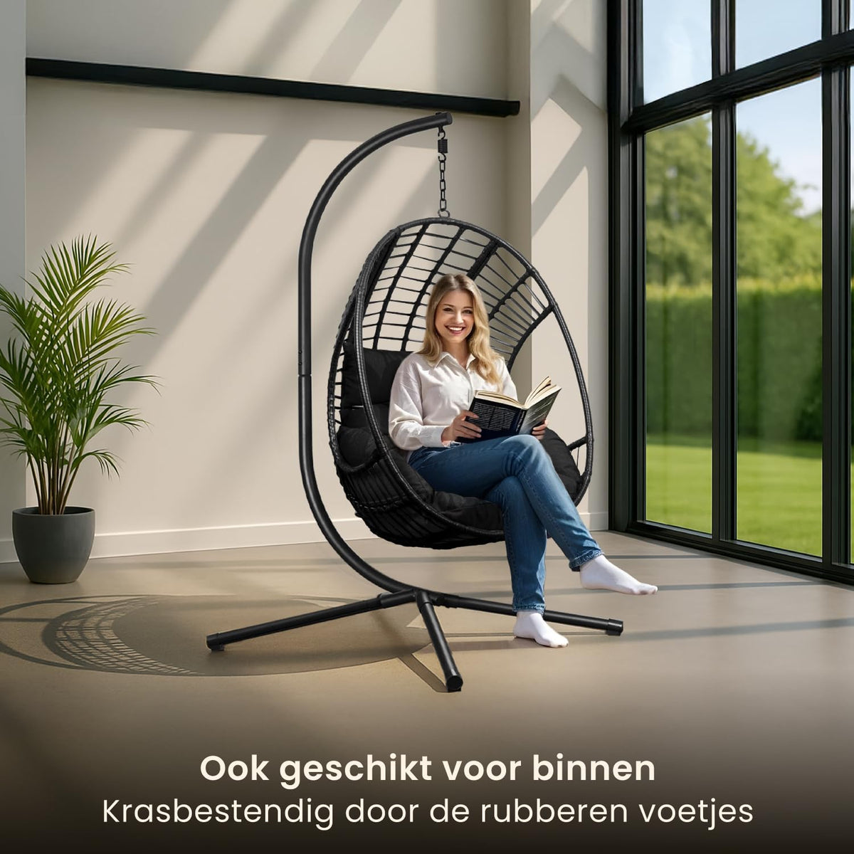 Swoods XXL Egg Hangstoel – Hangstoel met standaard – Voor Binnen en Buiten – Incl. Kussens en beschermhoes– Egg Chair – Weerbestendig - Ei Stoel – tot 150kg (Zwart)