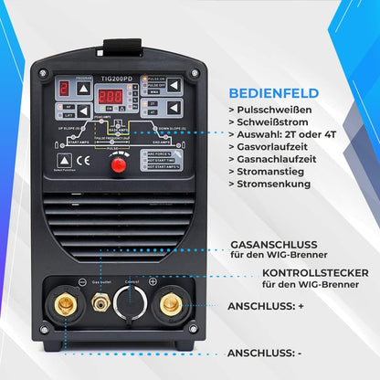IPOTOOLS 200PD WIG lasapparaat DC - TIG TIG TIG lasapparaat 200 amper volledig digitaal inverter lasapparaat met HF-ontsteking, pulsfunctie, MMA, IGBT, 32-bit microprocessor, 7 jaar garantie