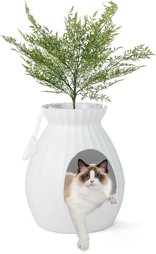 FANTASK 2-in-1 kattentoilet, 63 liter, intelligente geurverwijdering en sterilisatie met deurgordijn, bloempot-stijl met kunstplant, kiezelstenen en schep