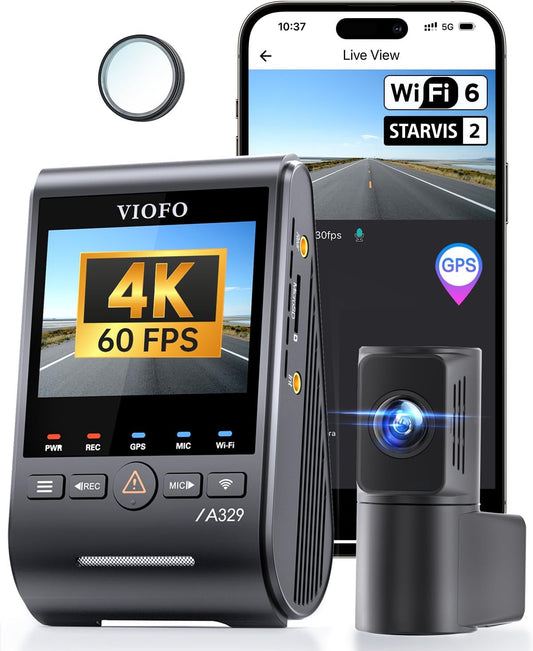 VIOFO A329S 2CH 4K 60FPS dashcam voor achter, 4K + 2K Dual dashcam auto, geüpgraded energiebesparende parkeermodus, wifi 6 en app-bediening, Dual Starvis 2 autocamera, nachtzicht/HDR 2.0, optioneel 4