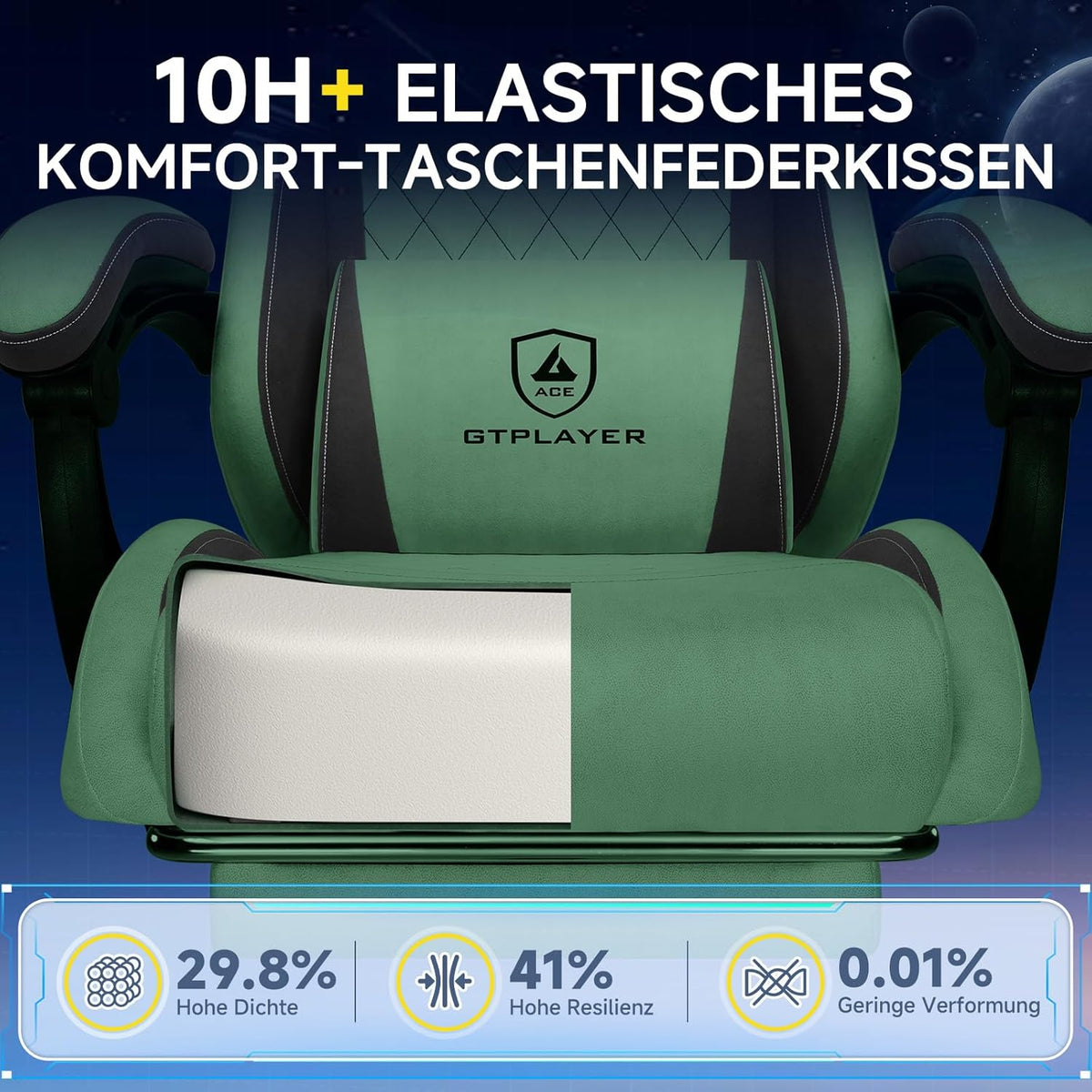 GTPLAYER Ergonomic Gaming Chair, Technical Fabric, with Lumbar Support, Computer Chair with Extended Backrest, Supports up to 150kg, Green - QUORE