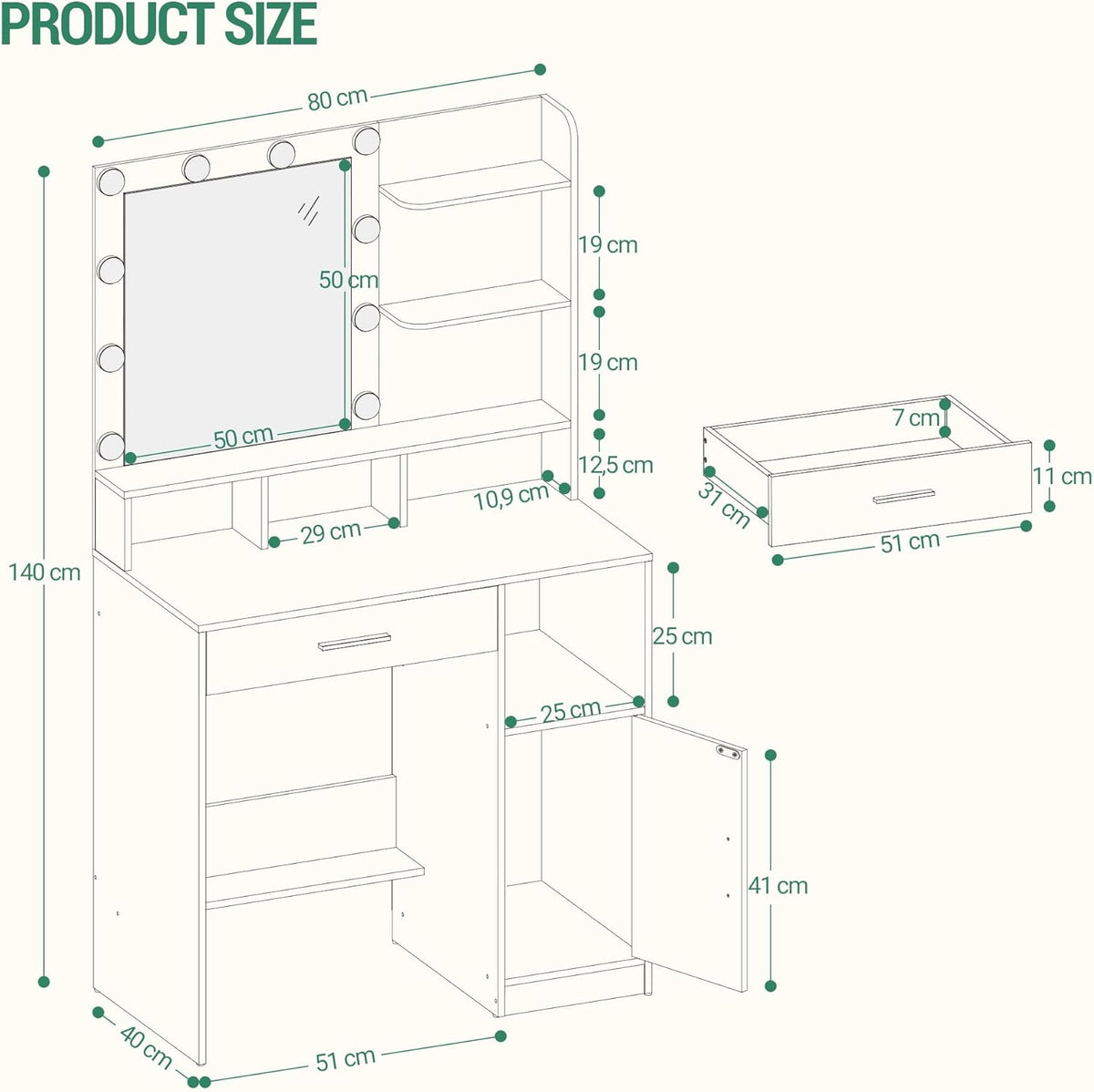 Hzuaneri Dressing Table with Mirror and 10 Led Lighting,with 3 Shelves & 4 Open Compartments, Dressing Table with Large Drawer & Cabinet, 3 Adjustable Luminosity, GreigeVT08105X