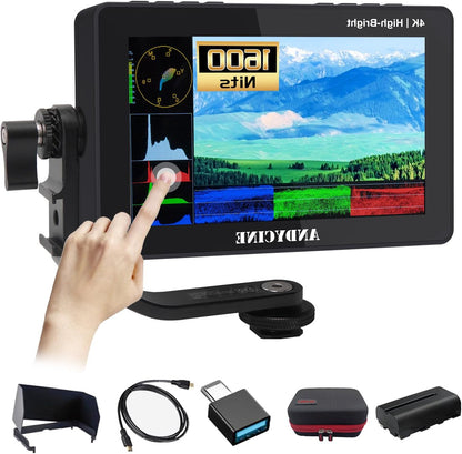 ANDYCINE A6 II 5.5 inch Camera Monitor, 1600 Nit 4K 60Hz HDMI HDR Touch Screen, 1920x1080P FHD DLSR Video Field Monitor, Support Waveform 3D LUT Peaking Focus (with Battery, Carry Case) - QUORE