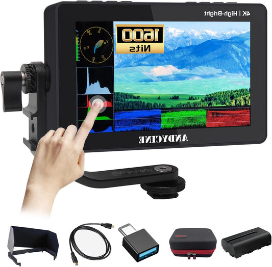 ANDYCINE A6 II 5.5 inch Camera Monitor, 1600 Nit 4K 60Hz HDMI HDR Touch Screen, 1920x1080P FHD DLSR Video Field Monitor, Support Waveform 3D LUT Peaking Focus (with Battery, Carry Case) - QUORE
