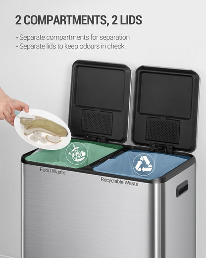 Hzuaneri Kitchen Trash Bin, Waste Separation System, 2 Compartments, 60 L (2 x 30 L), Stainless Steel Kitchen Trash Bin, Pedal Bin, Silent Slow Waste Bag, with 15 Exclusive Waste Bags, Silver