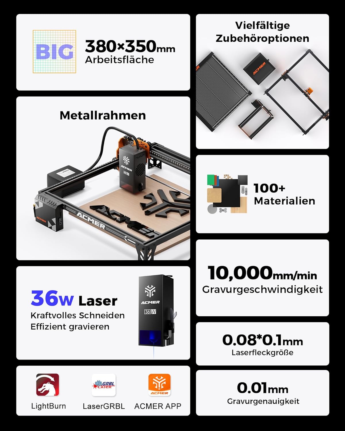 P1 S Pro 36W lasersnijder, lasergraveermachine met 25L luchtpomp, graveergebied van 380 × 350 mm, 144W vermogen, lasergraveermachine voor hout, leer en metaal.