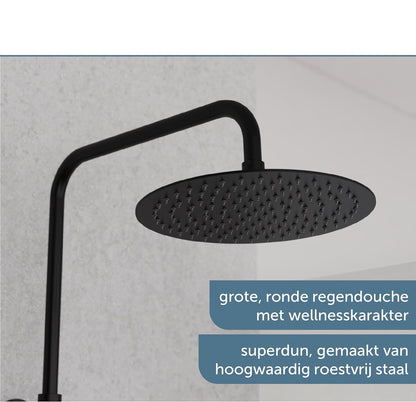 Douche Systeem – Douche Set – Douchekolom – Regendouche – Thermostaatkraan – Mat Zwart – Regendouchekop 25 cm – Verstelbare Handdouche
