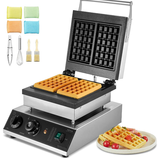 VEVOR Belgian Waffle Maker Rectangular Stainless Steel Non-Stick 2000W Temperature Control Handle for Restaurant Bakery Snack Bar